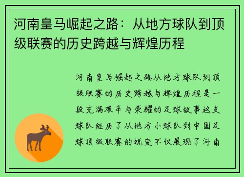 河南皇马崛起之路:从地方球队到顶级联赛的历史跨越与辉煌历程