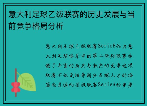 意大利足球乙级联赛的历史发展与当前竞争格局分析