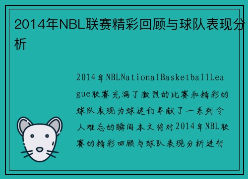 2014年NBL联赛精彩回顾与球队表现分析