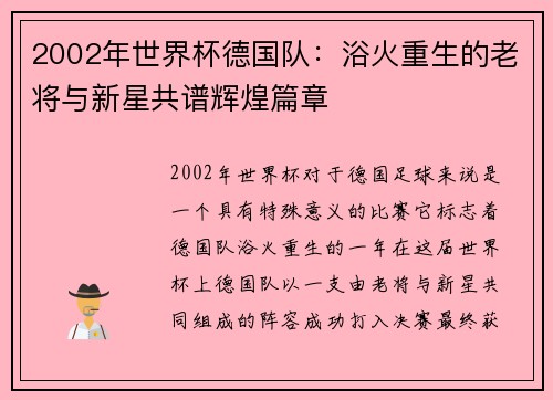 2002年世界杯德国队：浴火重生的老将与新星共谱辉煌篇章
